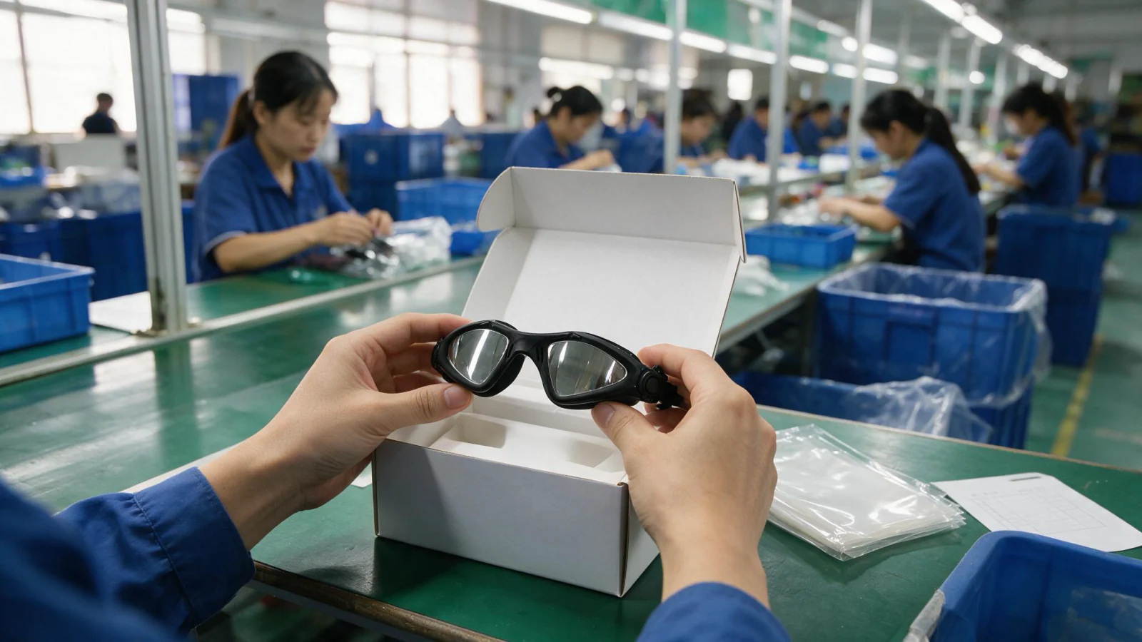 Worker packing black swimming goggles at an aquatic sports factory packaging line