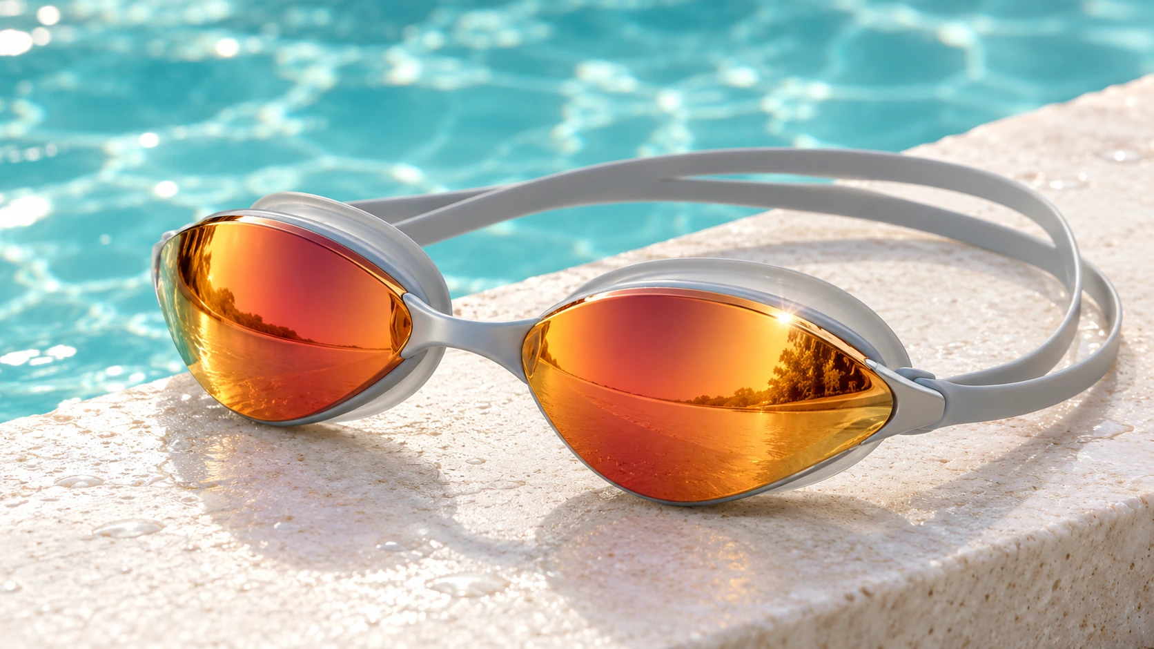 AI illustration of orange-gold mirrored swim goggles with a light-gray strap beside a pool
