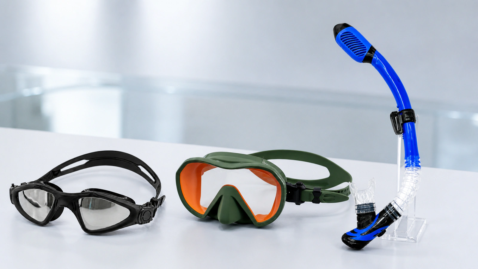 Swim goggles, diving mask and snorkel displayed together in a product development studio.