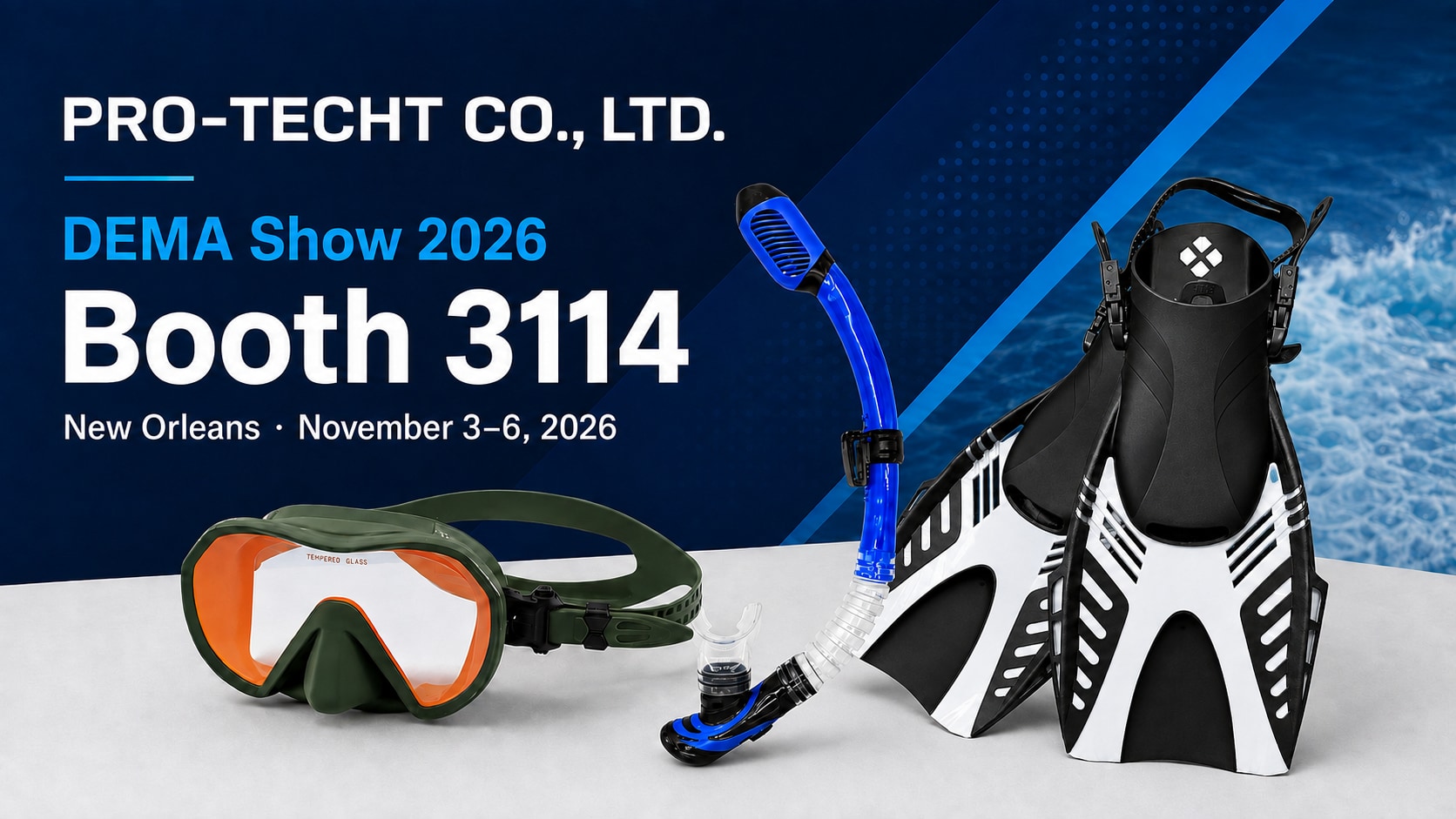 PRO-TECHT DEMA Show 2026 Booth 3114 announcement featuring selected diving masks, snorkels and fins.