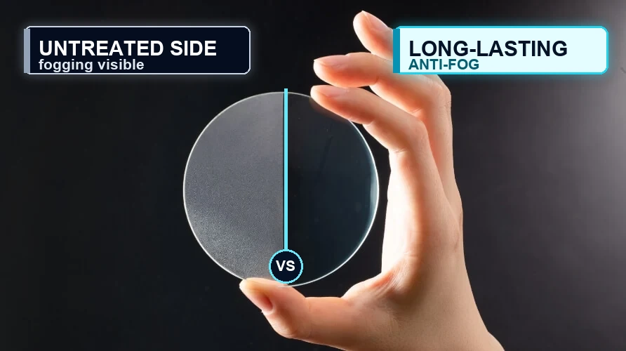 PC lens sample with untreated fogging side and long-lasting anti-fog treated clear side