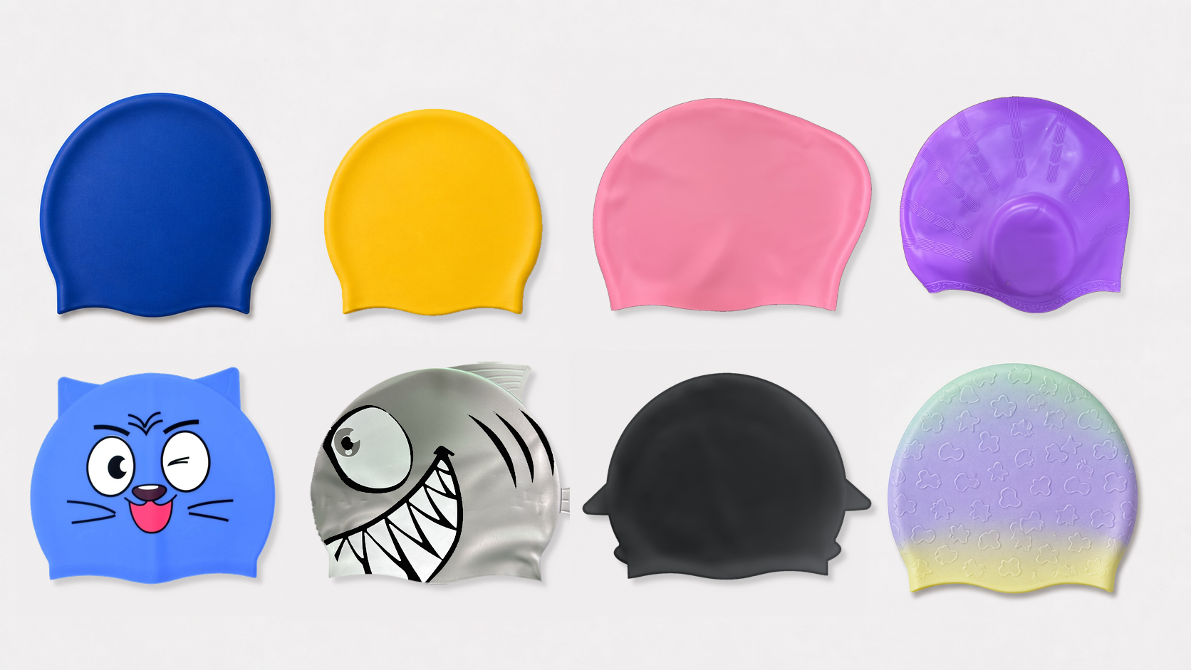Adult, kids, cartoon, fish, penguin, cat, and novelty swim cap shapes